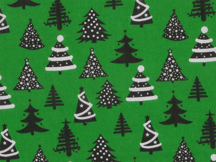 Christmas Tree Whimsical Forest Polycotton Print, Green
