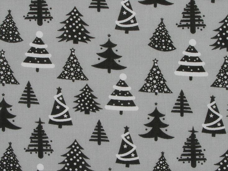 Christmas Tree Whimsical Forest Polycotton Print, Grey