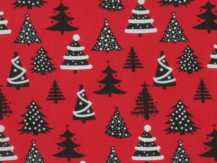 Christmas Tree Whimsical Forest Polycotton Print, Red
