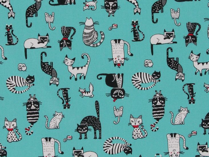 Clever Cats Cotton Poplin Print, Aqua