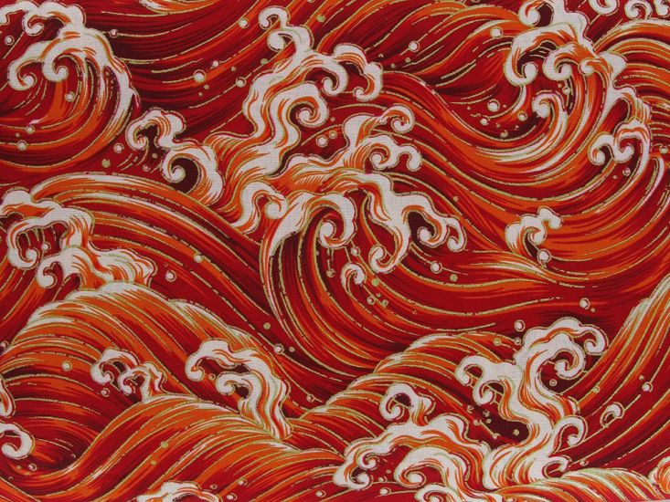 Isumi Japanese Foil Cotton Print, Sea Waves, Red