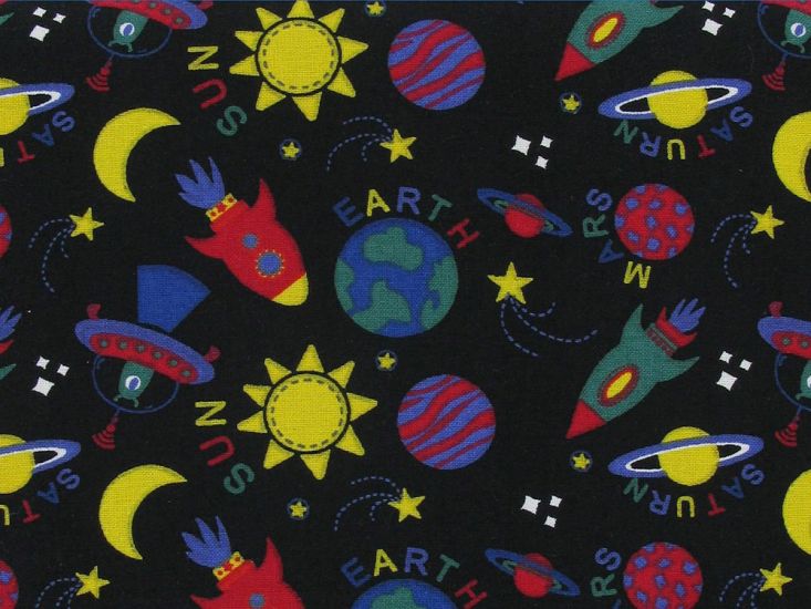 Intergalactic Adventure Cotton Print, Rocket Ship, Black