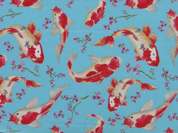 Japanese Koi Cotton Print, Blue