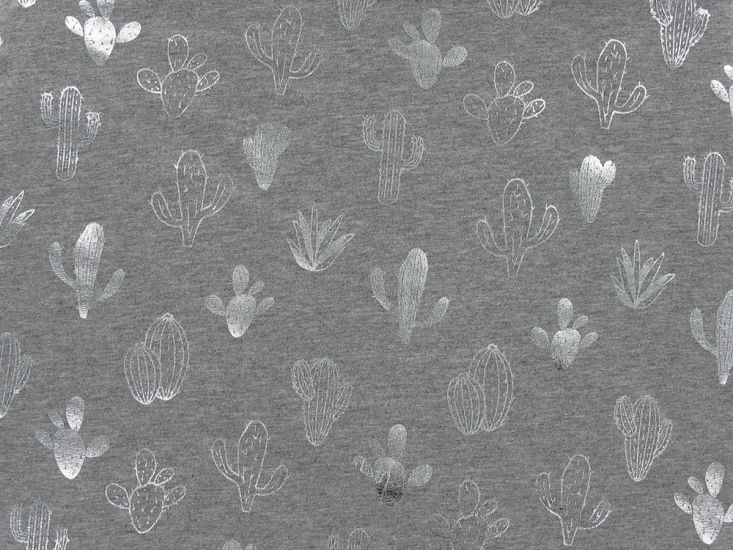Cactus Garden Foil Cotton Jersey, Grey and Silver
