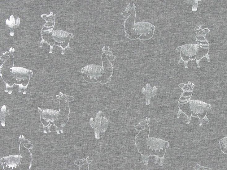 Cactus Llama Foil Cotton Jersey, Light Grey and Silver