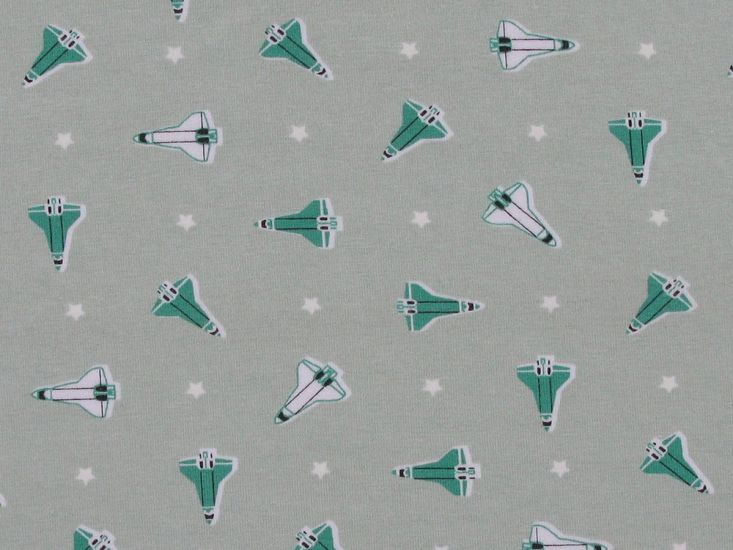 Glow In The Dark Rocket Ship Cotton Jersey, Green