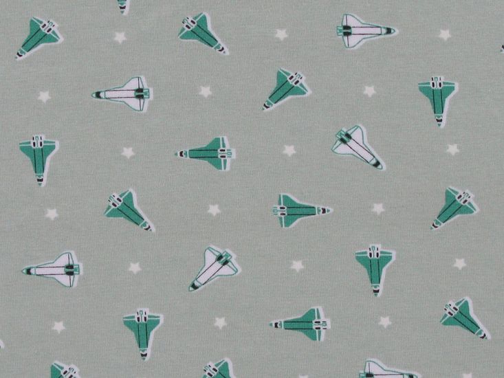 Glow In The Dark Rocket Ship Cotton Jersey, Green