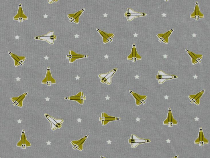 Glow In The Dark Rocket Ship Cotton Jersey, Grey