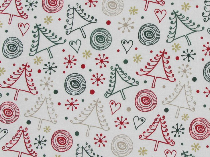 Christmas Tree Doodle Cotton Poplin, Ivory