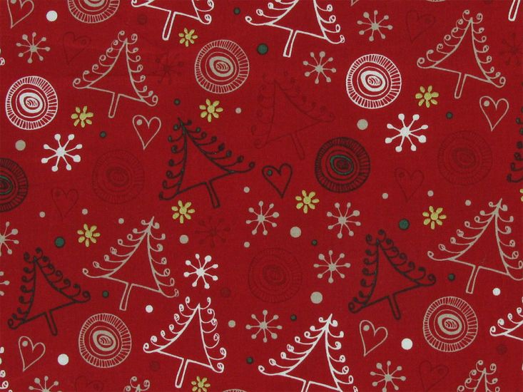 Christmas Tree Doodle Cotton Poplin, Red