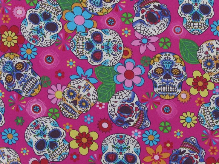 Floral Skull Cotton Poplin Print, Cerise