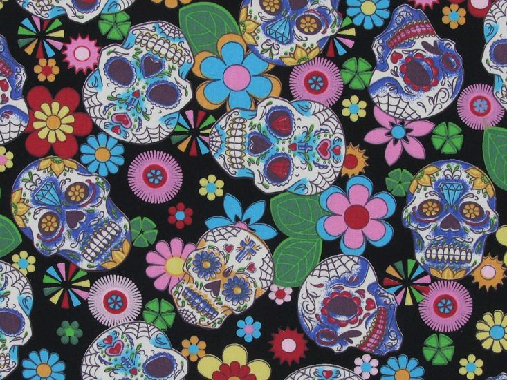 Floral Skull Cotton Poplin Print, Black