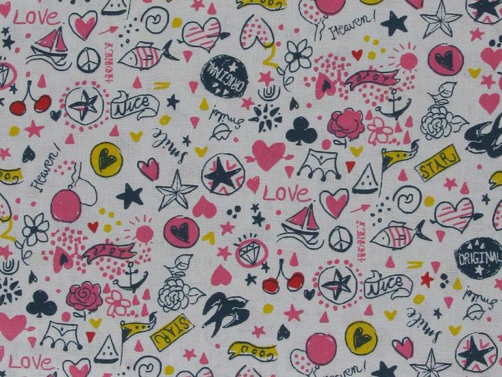 Love Doodle Cotton Print, Berry