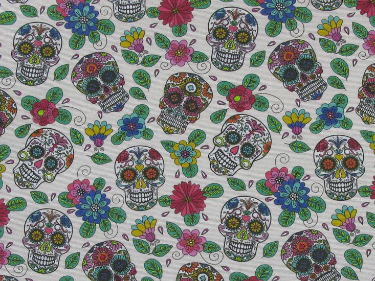 Cotton Rich Panama Canvas, Floral Skulls