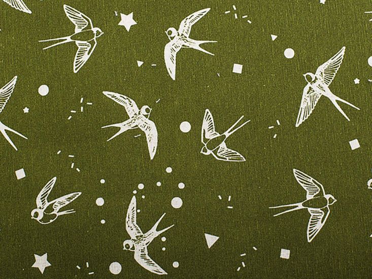 Cotton Rich Panama Canvas, Swooping Swallows, Olive