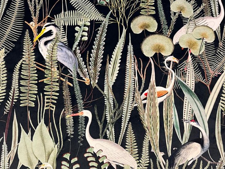 Crane Forest Printed Velvet, Charcoal