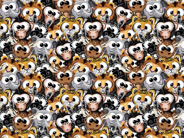 Cuddly Animal Crowd Cotton Print, Yellow and Grey