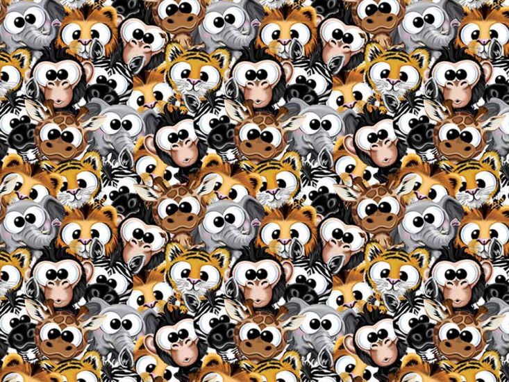 Cuddly Animal Crowd Cotton Print, Yellow and Grey