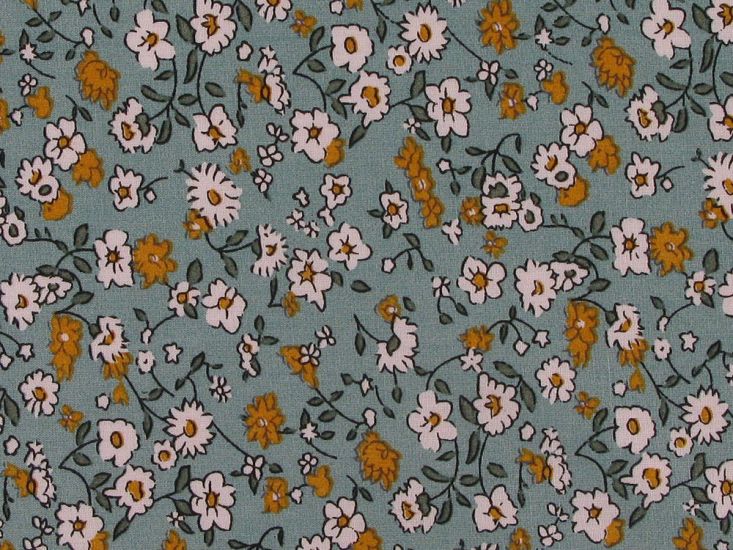 Daisy Parade Viscose Poplin Print, Steel Blue