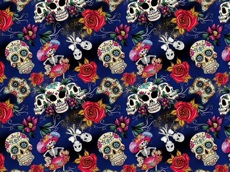 Day Of The Dead Cotton Print, Blue
