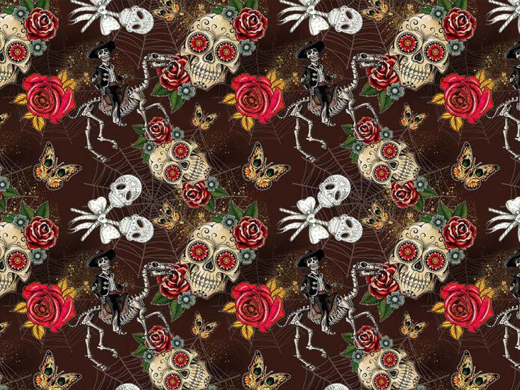 Day Of The Dead Cotton Print, Brown
