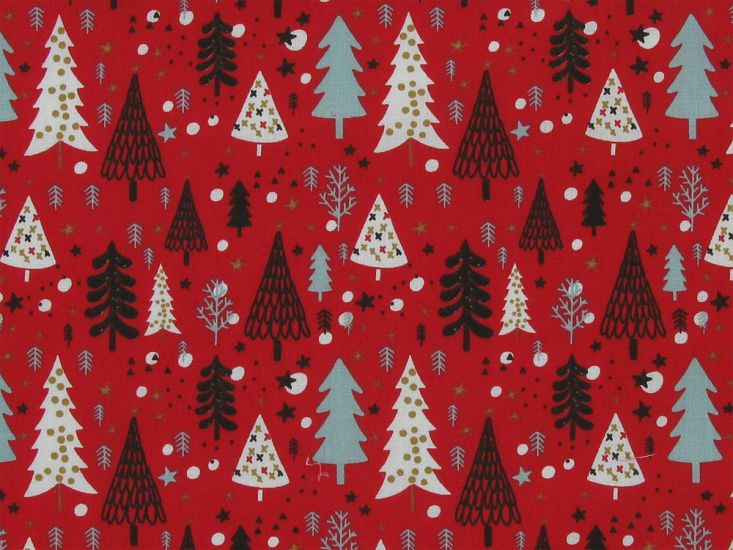 Deco Christmas Tree Forest Polycotton Print, Red