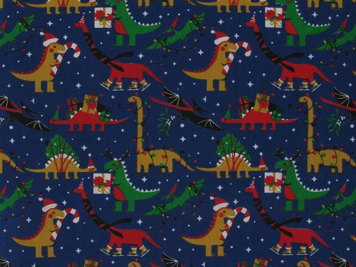 Dino Presents Christmas Polycotton Print, Navy