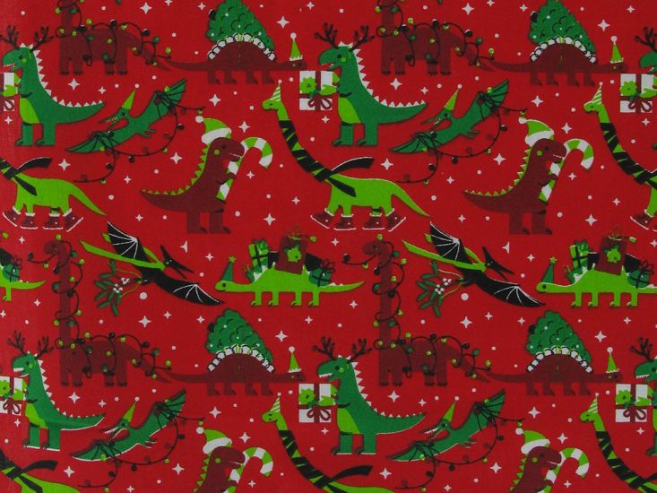 Dino Presents Christmas Polycotton Print, Red