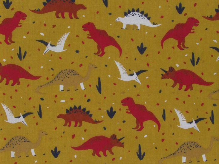 Dino Wonderland Polycotton Print, Mustard