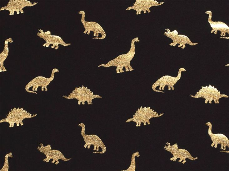Dinosaurs Foil Print Cotton Jersey, Black and Gold