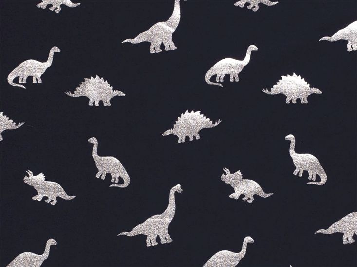 Dinosaurs Foil Print Cotton Jersey, Navy and Silver
