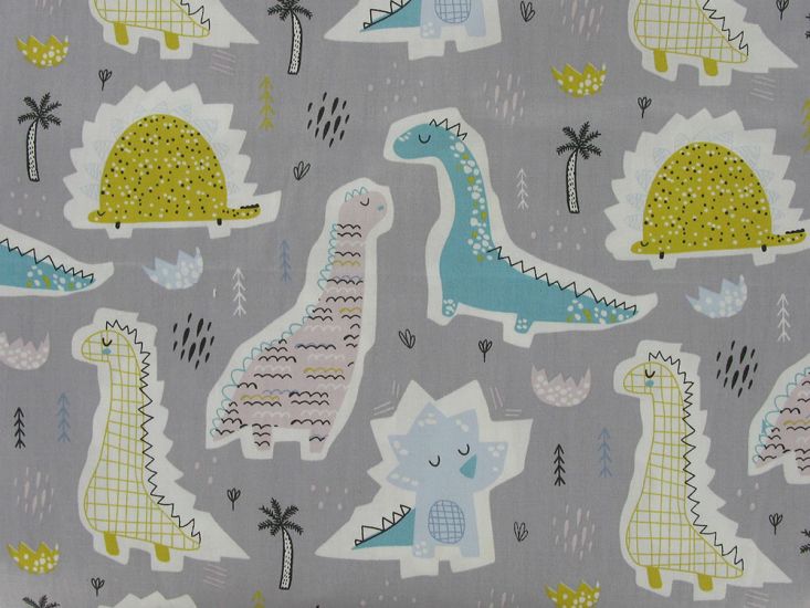 Dinosaur Scrapbook Cotton Print, Grey