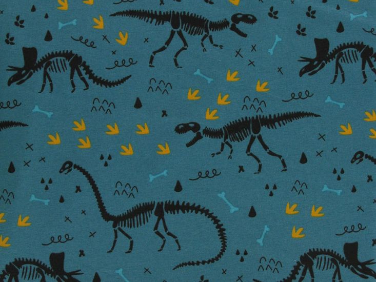 Dinosaur Skeleton Cotton Jersey Print, Teal