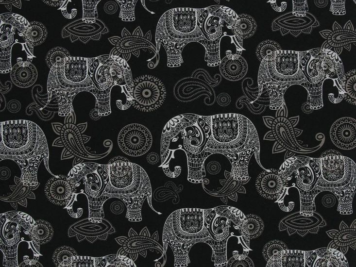 Elephant Henna Cotton Poplin Print, Black