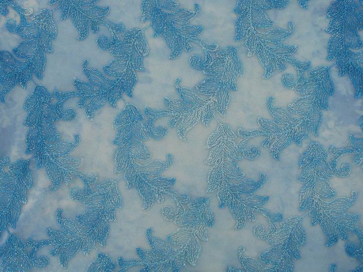 Floral Wave Embroidered Scalloped Edged Sequin Tulle, Sky