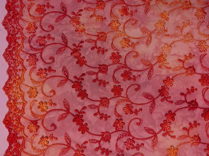 Embroidered Scalloped Tie Dye Lace, Red and Orange