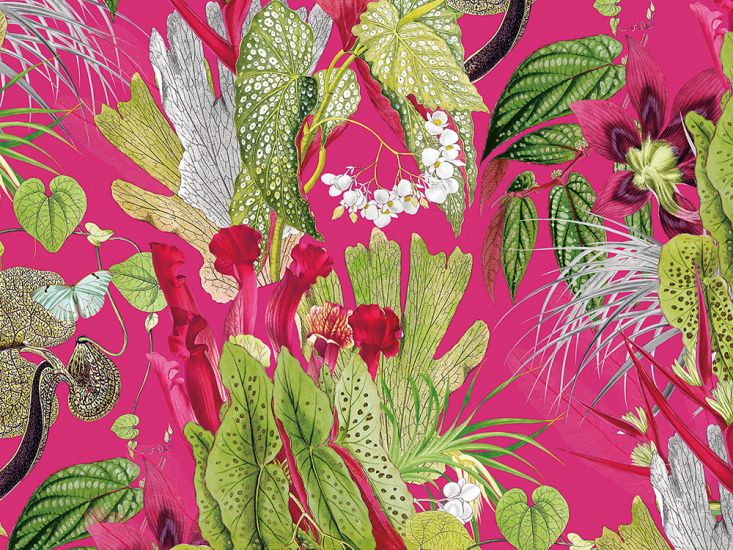 Exotic Flora Printed Velvet, Cerise