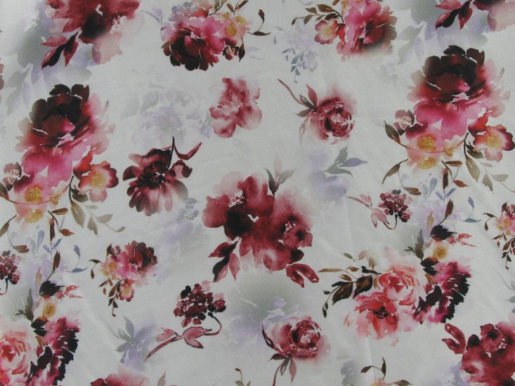 Faded Roses Faux Silk Charmeuse, Silver
