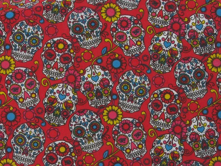 Festival Sugar Skull Polycotton Print, Red