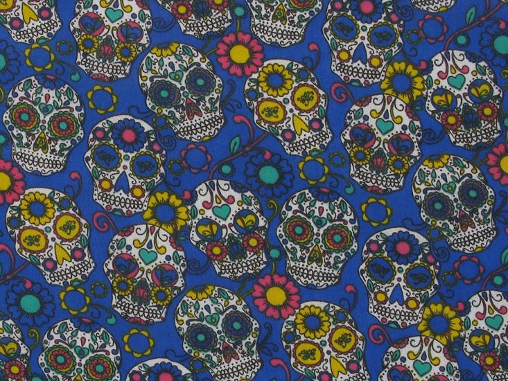 Festival Sugar Skull Polycotton Print, Royal