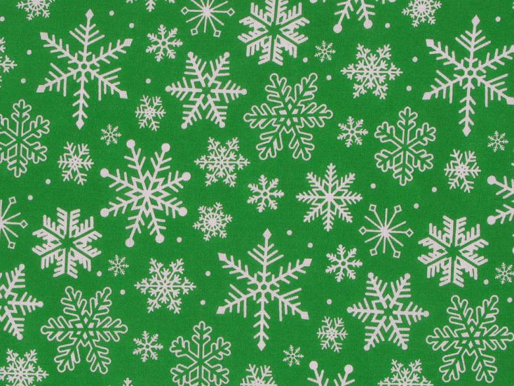 Festive Snowflakes Polycotton Print, Green