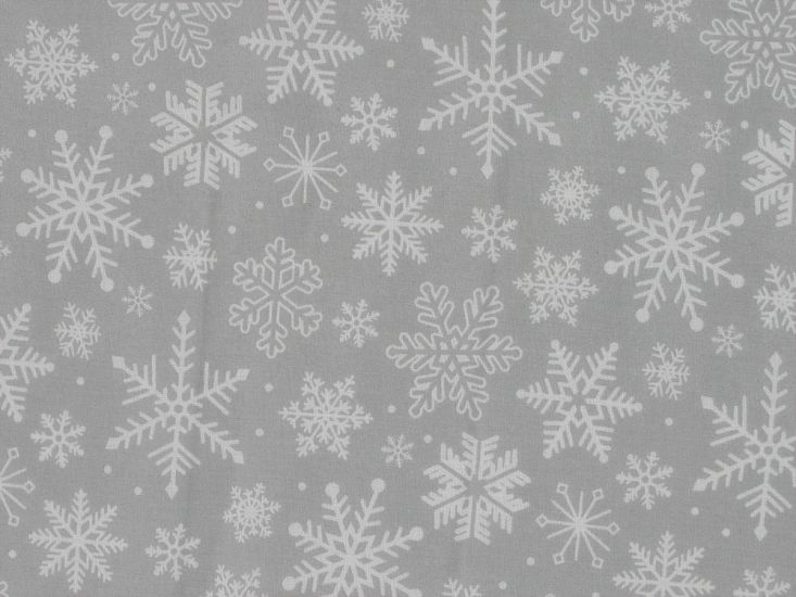 Festive Snowflakes Polycotton Print, Grey