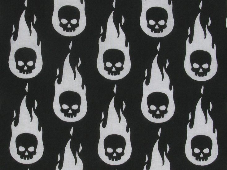 Flaming Skulls Polycotton Print, Black