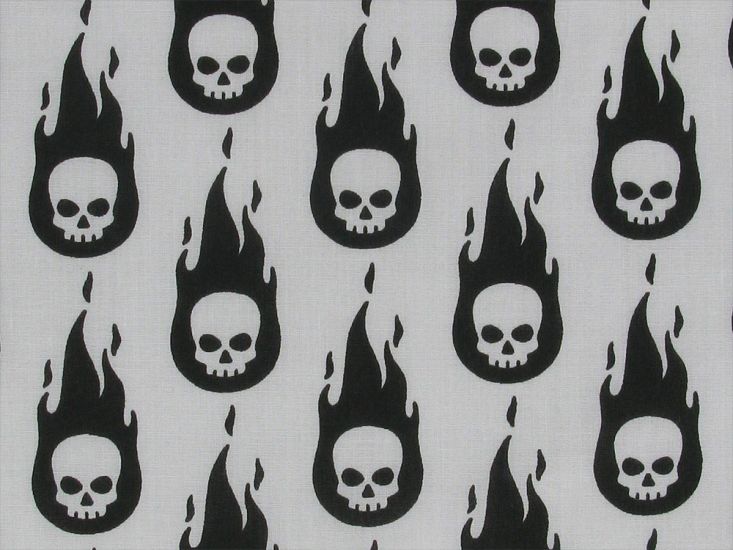Flaming Skulls Polycotton Print, White