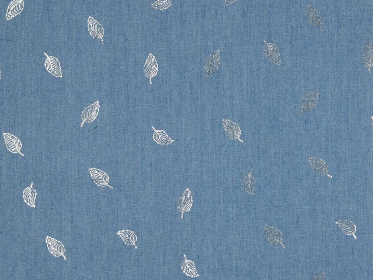 Floating Leaves Foil Print Chambray, Light Blue