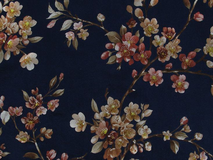 Floral Bouquet Vines Plush Stretch Velour, Navy