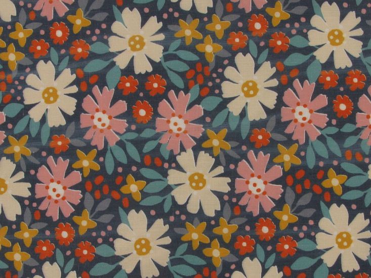 Floral Cascade Polycotton Print, Navy