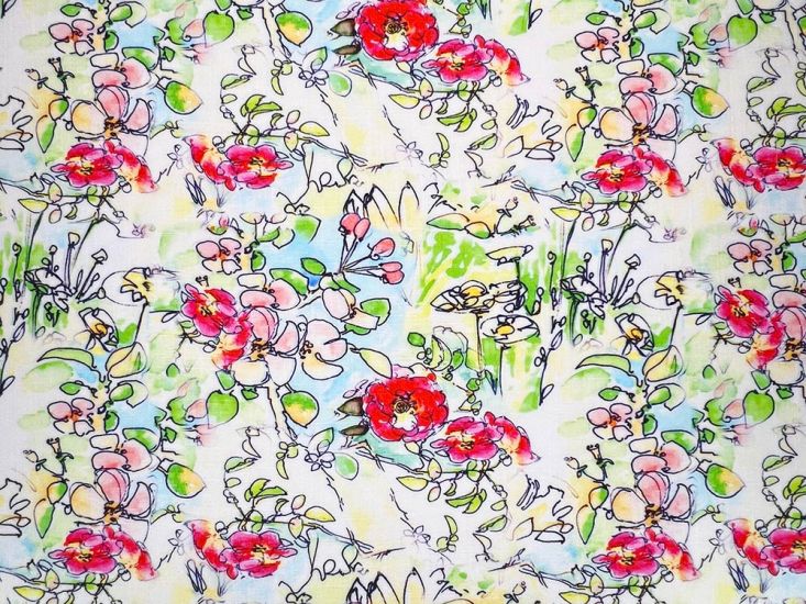 Floral Doodle Garden Printed Linen Blend