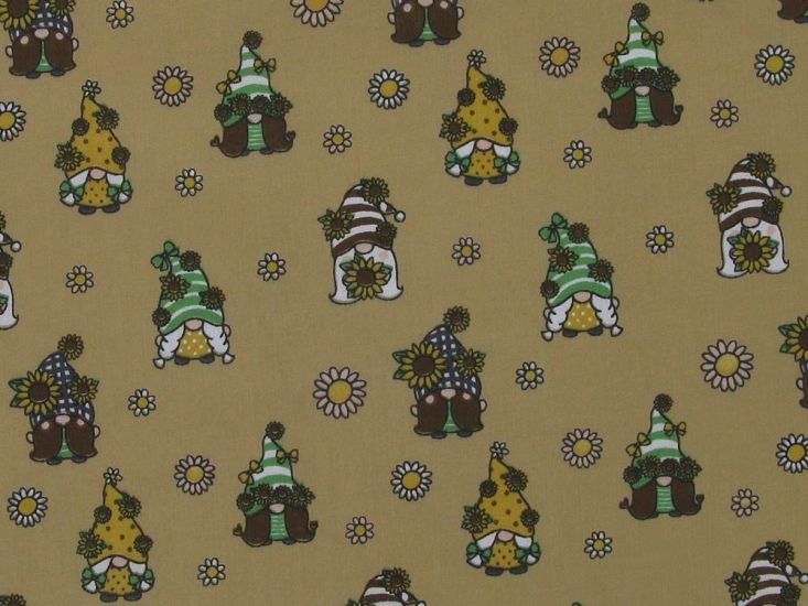 Floral Gonks Polycotton Print, Camel