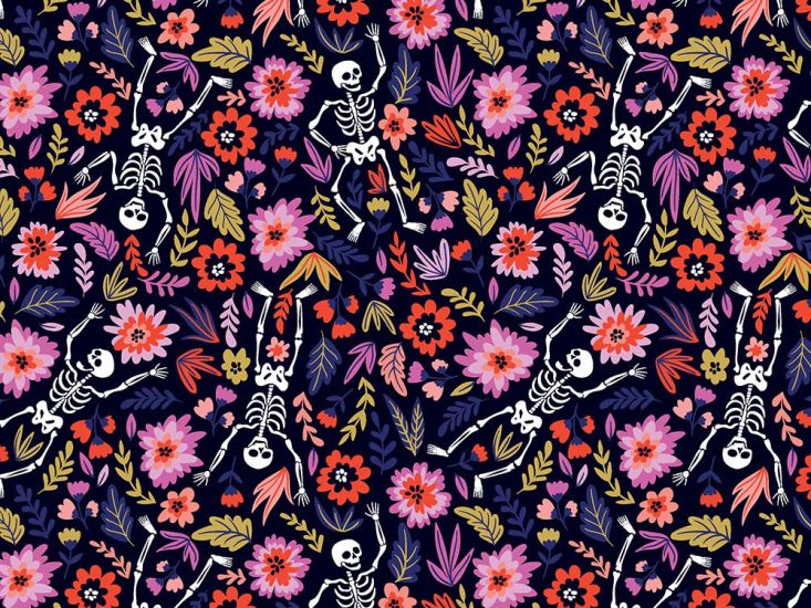 Floral Meadow Skeletons Cotton Print